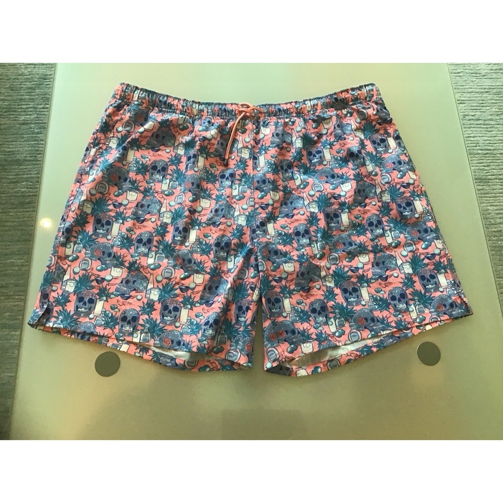 Peter Millar Ranch Water Skulls Pink Blue Swim Trunks Shorts XXL 7" inseam $100